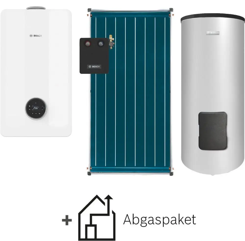 BOSCH System bestehend aus einem Gasgerät, einem Solarkollektor und einem Speichertank, zur Heizungs- und Warmwasserbereitung, in klarer Anordnung auf hellem Hintergrund.
